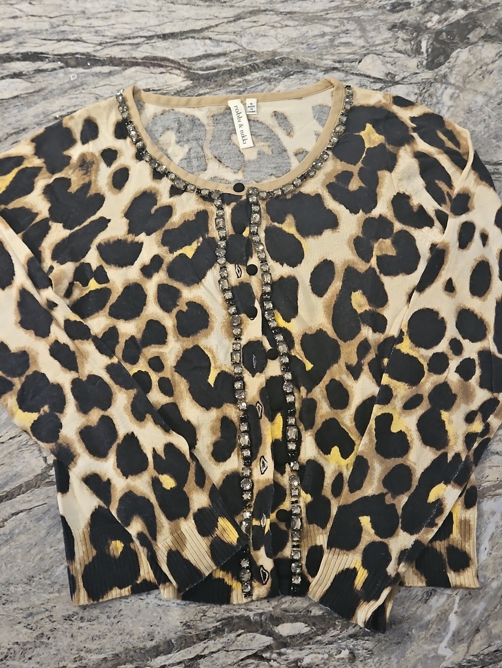 Bejeweled Leopard Print Cardigan - Tan/Black/Gold